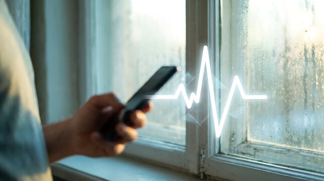 Hand Holding Smartphone with Heartbeat Icon Health Monitoring and Medical Tracking Concept