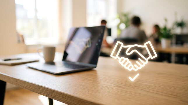 Glowing Handshake Icon Above Laptop on Desk Partnership and Business Agreement Concept