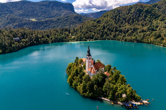 Bled Island and the Pilgrimage Church of the Assumption of Mary centered in the turquoise waters of Lake Bled, Slovenia.