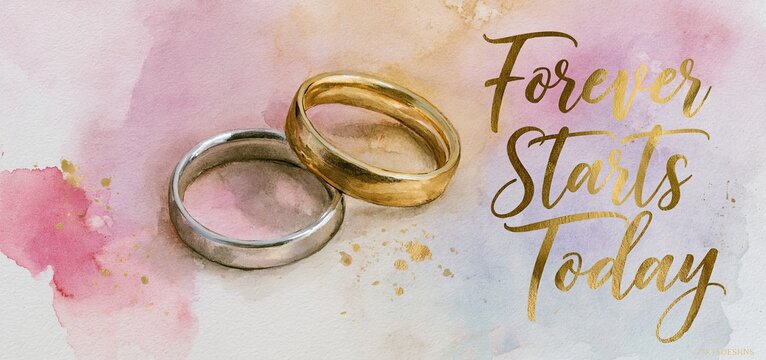 Watercolor wedding rings on a gentle pastel background with elegant gold lettering for engagement celebrations.