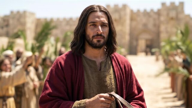 Jesus christ making a triumphant entry wearing a red robe into ancient stone jerusalem on palm sunday while a celebrating crowd waves green branches under bright warm sunlight