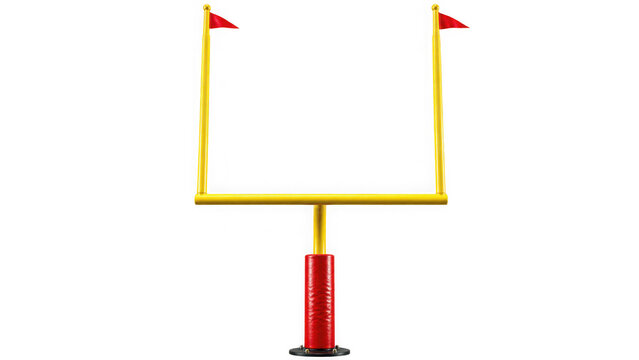 American football goal post PNG isolated on transparent background, yellow uprights and red padded base for sports design