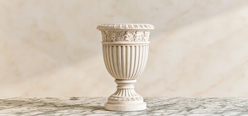 Obraz premium A ceramic urn adorned with mythological designs and classical columns, beautifully arranged on a subtle marble backdrop.