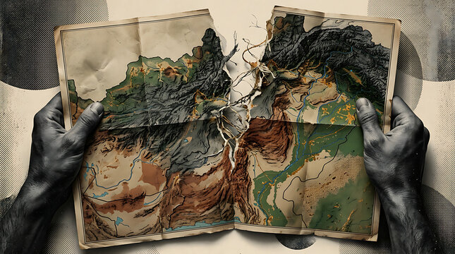 Antique topographic map with rugged mountain terrain and detailed geological features with hands holding the aged paper with