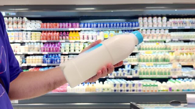 Young Man Reading Labels on Milk, Yogurt and Cheese Bottles in Supermarket Dairy Aisle &ndash; Checking Ingredients and Nutrition Facts Before Buying