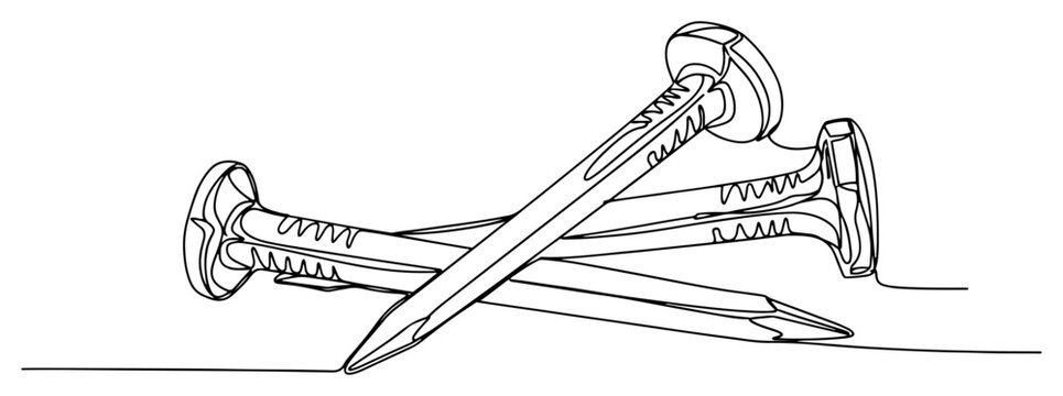 Metal carpenter nails for construction and woodworking in continuous line drawing style
