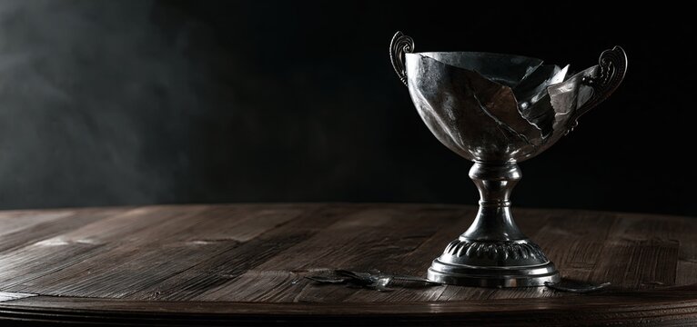 On a dark wooden surface, a broken trophy lies, reflecting themes of failure and unfulfilled dreams.