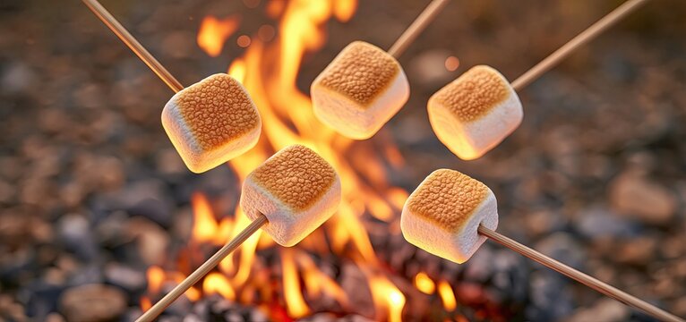 Marshmallows roasting over a warm campfire, creating a cozy autumn atmosphere for outdoor gatherings.