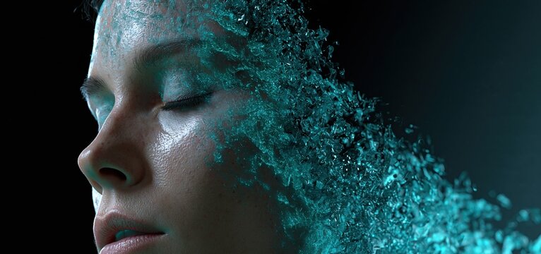 A futuristic face composed of luminous turquoise shards blending into a dark background, symbolizing digital transformation.