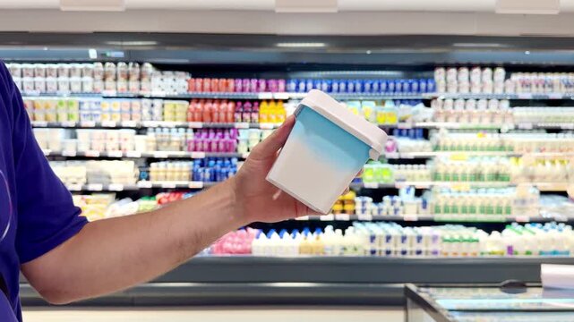 Young Man Reading Labels on Milk, Yogurt and Cheese Bottles in Supermarket Dairy Aisle &ndash; Checking Ingredients and Nutrition Facts Before Buying