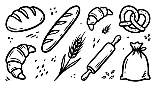 Bakery products including bread baguette croissant and pretzel with baking tools hand drawn doodle set