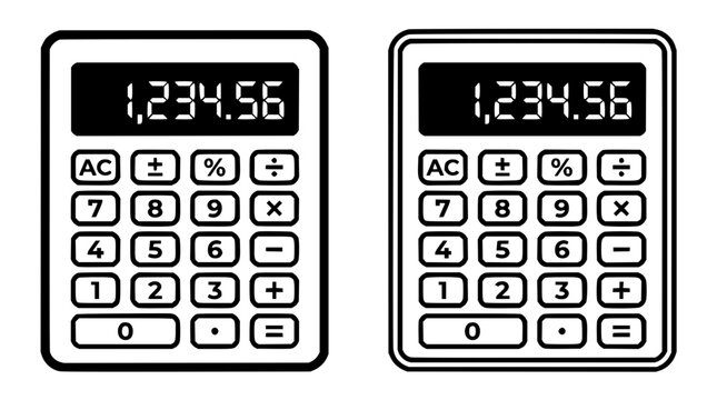 Calculator set with two identical devices featuring numeric display, buttons, AC, plus, minus, multiply, divide with decimal point and equals sign