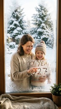 Hone winter connection: prepare Happy, New Year, look forward, anticipation 2027, parent smile, write finger, frost glass, child laugh, freeze window, cozy sweater, warm knit, family enjoy.
