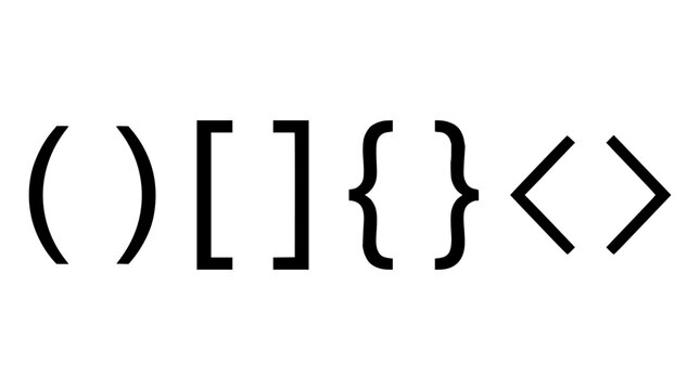 Brackets set with black and white visual description featuring parentheses, square brackets, curly braces, angle brackets with coding and programming