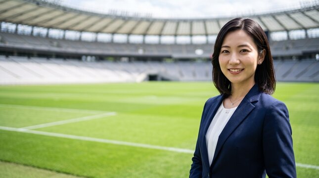 プロフィール写真をイメージした、天然芝のサッカースタジアムのピッチを背にして穏やかな笑顔をカメラに向けている、知的な印象の20代日本人女性社員のバストアップポートレート