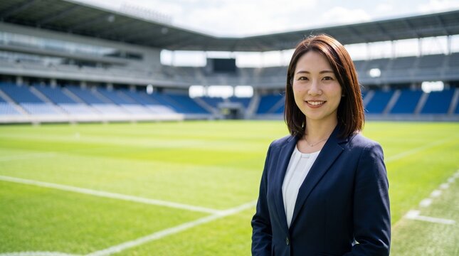 プロフィール写真をイメージした、天然芝のサッカースタジアムのピッチを背にして穏やかな笑顔をカメラに向けている、知的な印象の20代日本人女性社員のバストアップポートレート
