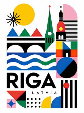 Colorful geometric poster featuring the word RIGA LATVIA with abstract architecture, waves, sun, trees, and bold modernist shapes.