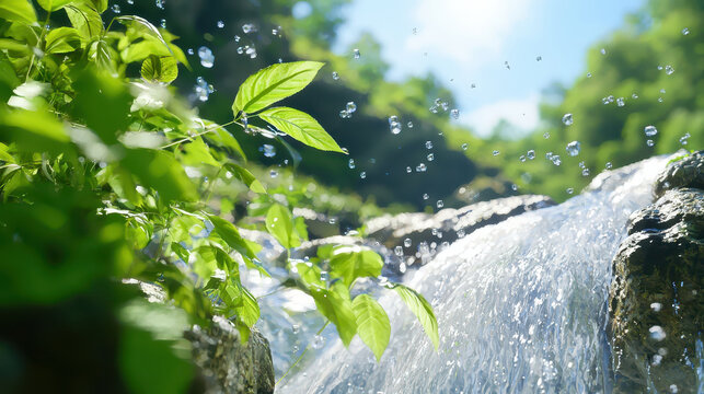 Serene view of flowing water with vibrant green leaves, capturing beauty of nature and tranquility
