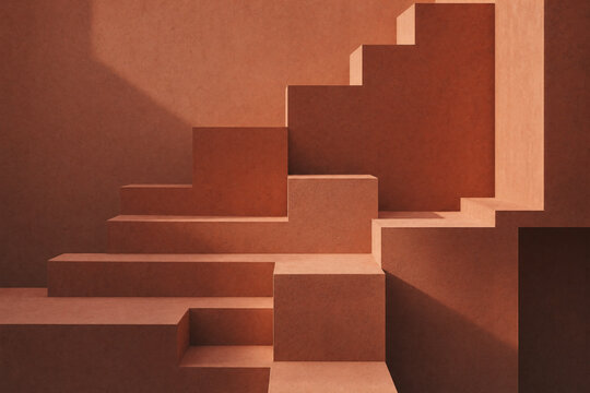 3D geometric stepped terraces in matte terracotta