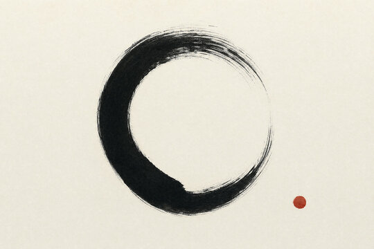 Black enso circle brush stroke with red dot on paper