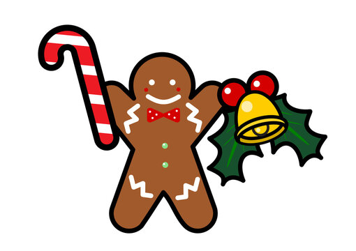 クリスマスステッキとヒイラギを持ったジンジャーブレッドマンのイラスト