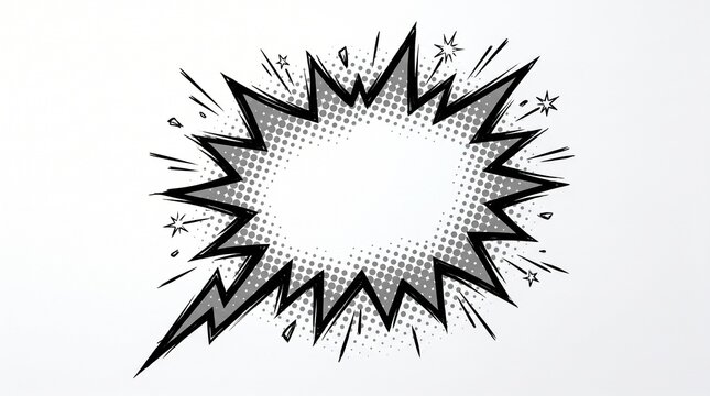Retro starburst comic speech bubble with halftone pattern isolated on white background