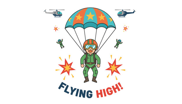 Cute cartoon military skydiver descending with a colorful star patterned parachute, flying high between helicopters and explosions.