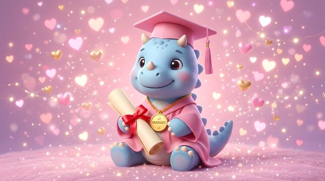 Cute baby dragon wearing graduation cap and gown holding diploma