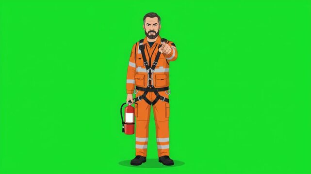 Firefighter in orange uniform holding extinguisher and pointing, green screen background.