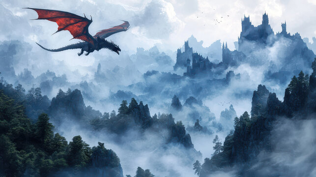 Majestic dragon soars over mystical landscape, featuring towering mountains and distant castle shrouded mist. scene evokes sense of adventure