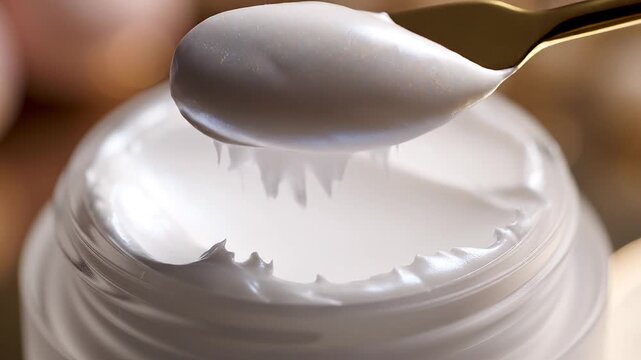 A close-up view shows a dollop of thick white cosmetic cream being lifted with a spatula.