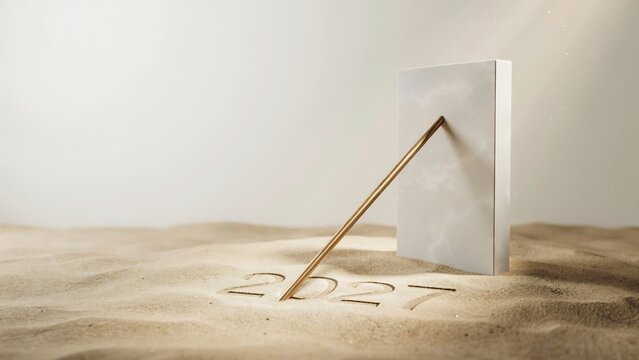 Sundial casting a shadow over the year 2027 carved in smooth sand