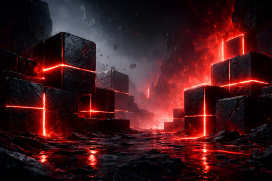 Dark futuristic sci fi background featuring glowing red light edges on black metallic cubes