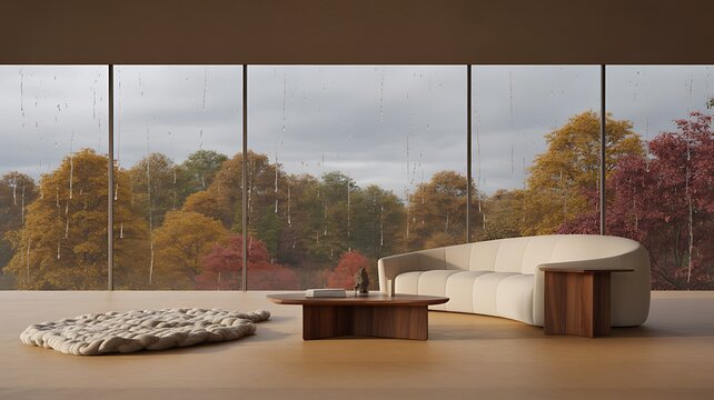 Modern minimalist living room interior with curved sofa overlooking rainy autumn forest trees through floortoceiling glass windows