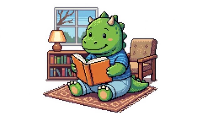 A green dinosaur in a blue striped shirt is reading an open book on a rug inside a cozy room with a window and a bookshelf, created in a pixel art illustration style
