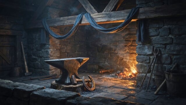 Blacksmith anvil inside a rustic medieval workshop with a burning hearth fire, vintage metalworking tools, wooden beams, and ancient stone brick walls