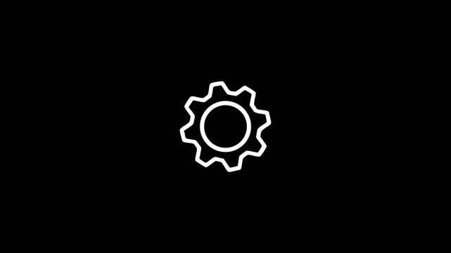 Minimalist white gear icon centered on a solid black background representing settings or mechanical engineering concepts
