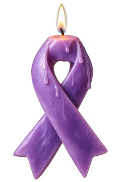 A burning purple awareness ribbon candle with dripping wax isolated. Symbolizing hope remembrance and healing support for patients. World Cancer Day health awareness campaign concept.