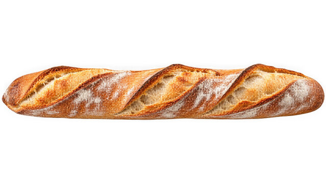 Artisan sourdough baguette with a golden crust and airy crumb, isolated on white