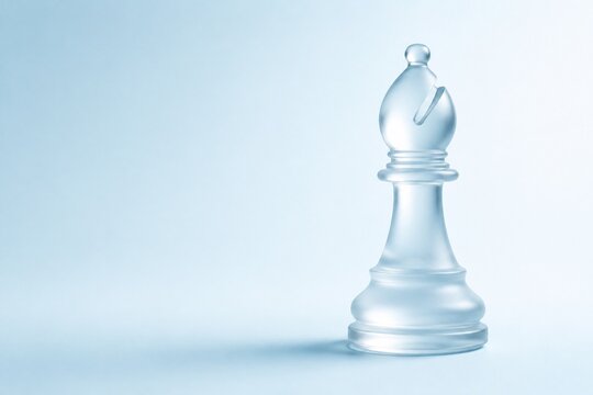 Frosted glass chess bishop on a pale blue minimal background