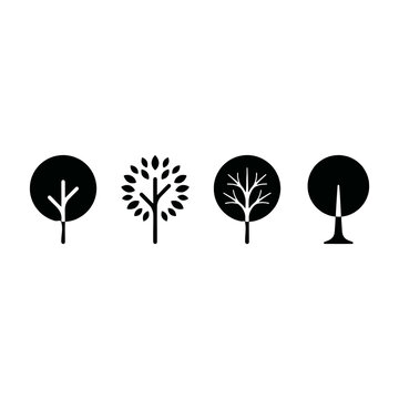 Four distinctive black tree shapes arranged in a horizontal row showcase unique botanical symbols featuring various leaf patterns and trunk structures for diverse design implementation needs
