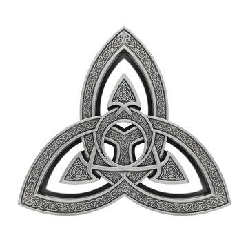 Intricate celtic triquetra knot ornament crafted with detailed silver metal textures.