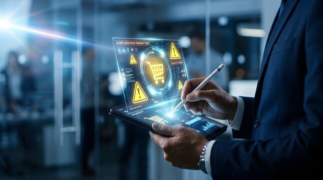 Cybersecurity alert man analyzing high risk transaction data on tablet with stylus