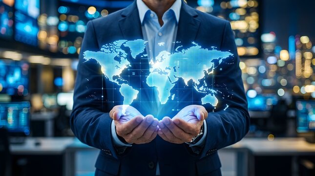 Businessman presenting a digital world map in a futuristic office setting