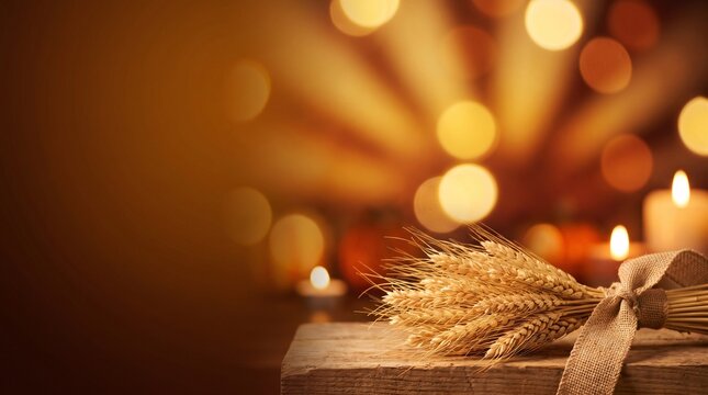 Golden wheat sheaf with ribbon on rustic stone, warm autumn background with bokeh lights, Thanksgiving harvest concept