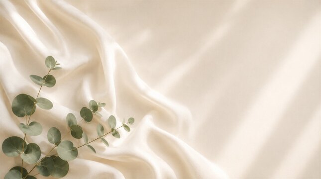 Cream Silk Fabric Texture with Eucalyptus Branch Flat Lay