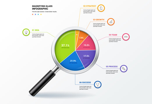 Magnifying Glass Pie Chart Infographic Template Background with Six Step Business Strategy and Data Analysis