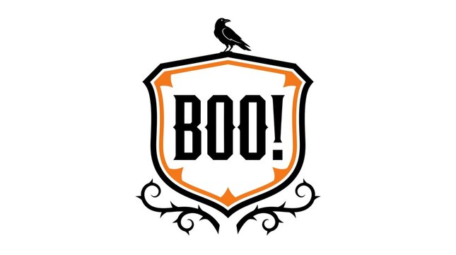 Black crow perched on spooky orange shield with boo