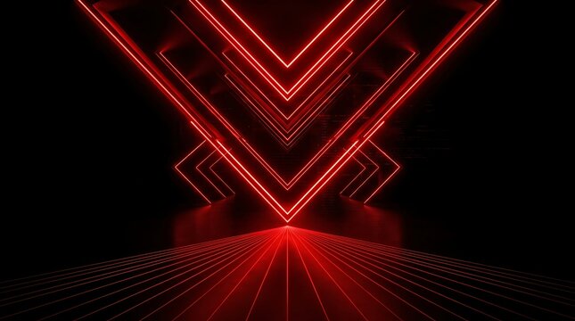 Abstract red neon light streaks converging on a vanishing point in darkness