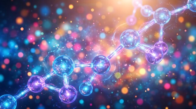 Glowing molecular structure with vibrant colorful background and bokeh lights